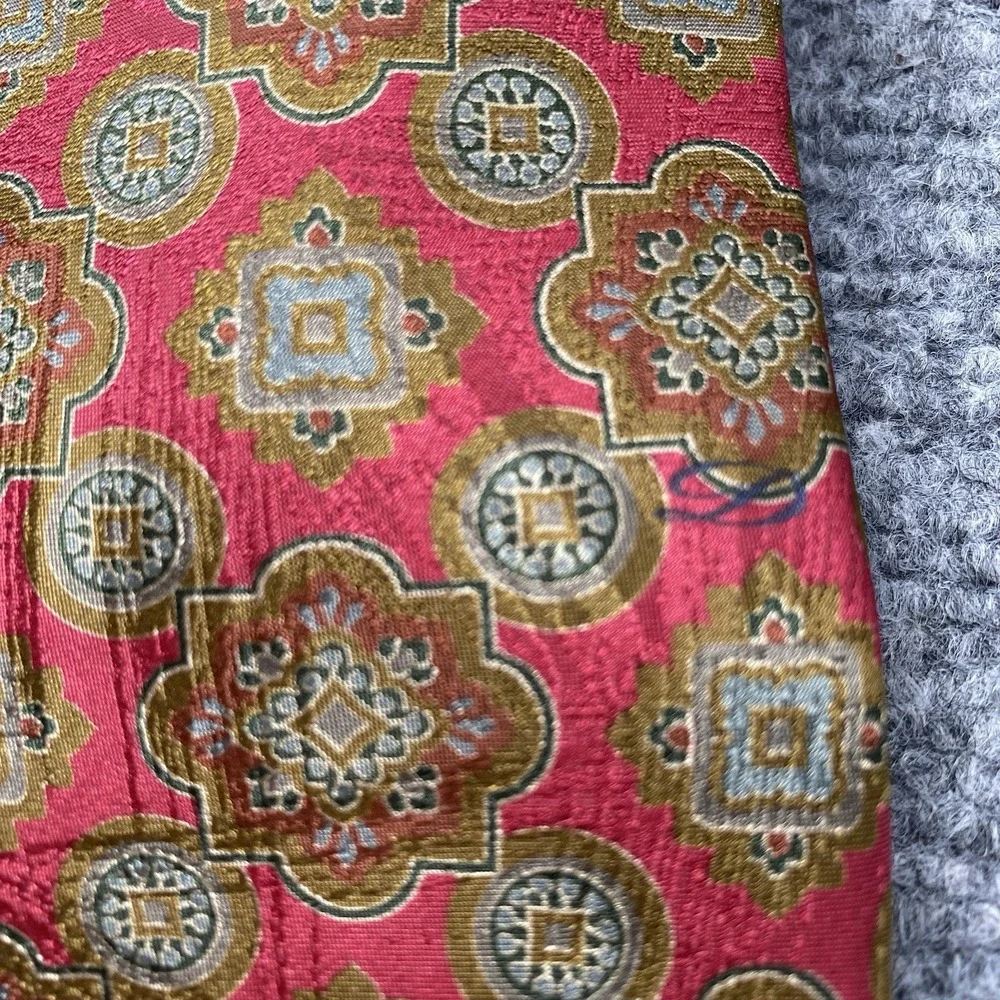 Vintage S.T. Dupont Paris Tie Red Olive Green Medallion Ornate Silk Made France